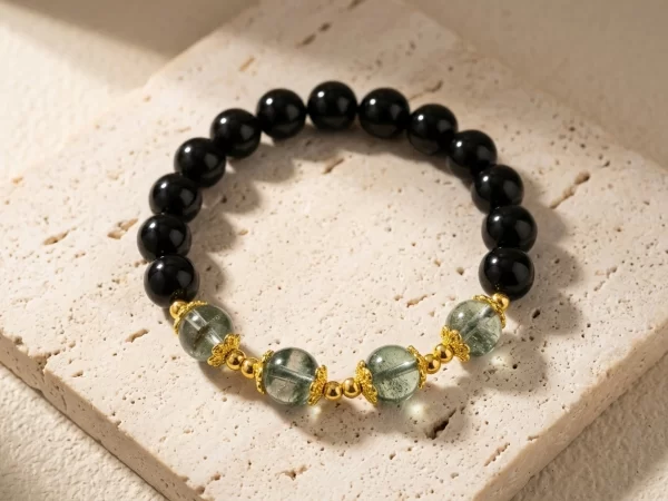 Natural Obsidian & Green Phantom Quartz Bracelet