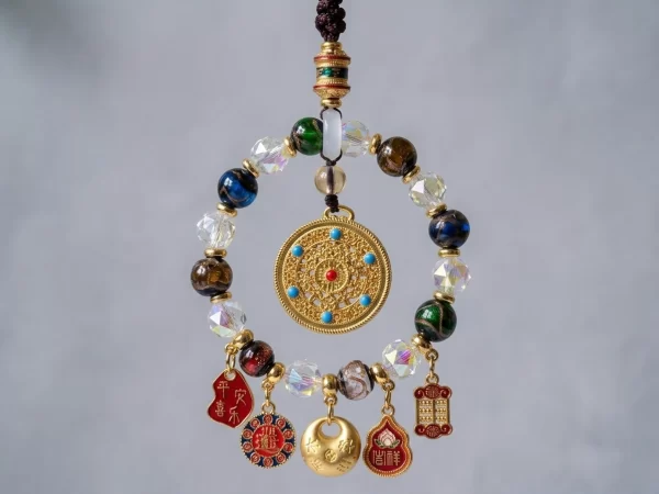 Five Blessings Complete Car Pendant – Incense Ash Glazed Glass & Crystal