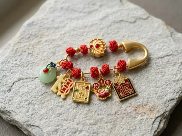 A decorative lucky charm pin that brings good luck.